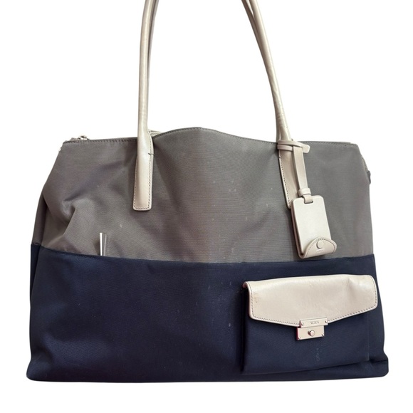 Tumi Hayes Triple Compartment Tote gray and blue ballistic nylon & leather bag